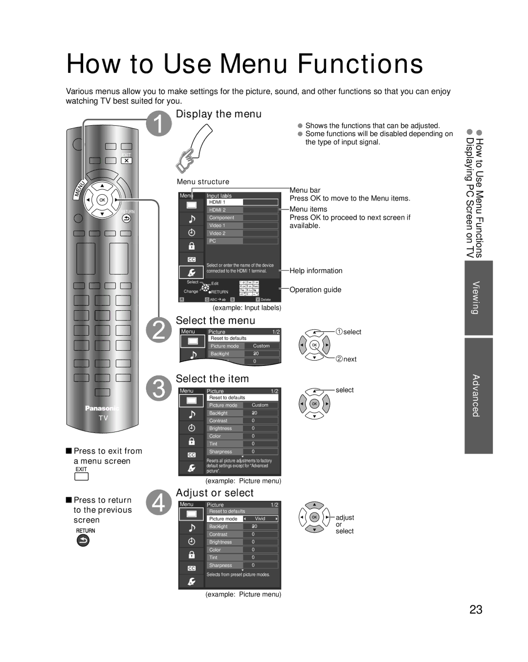 Panasonic TC-L37C22 How to Use Menu Functions, Display the menu, Select the menu, Adjust or select, Viewing Advanced 