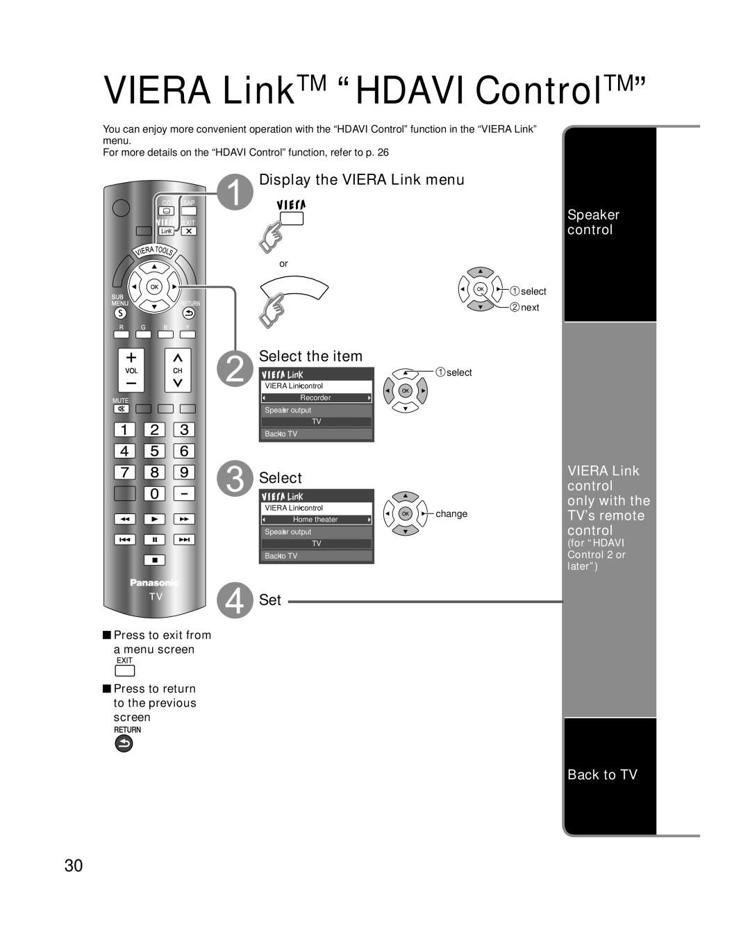 Panasonic TC-L37C22, TC-L32C22 quick start Display the Viera Link menu, Select, Speaker control, Back to TV 