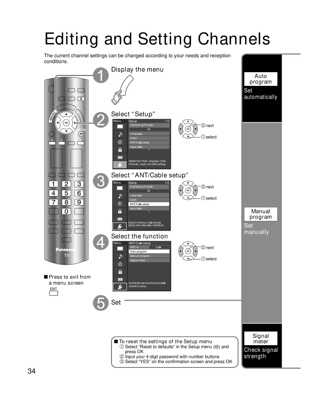 Panasonic TC-L32C22, TC-L37C22 Editing and Setting Channels, Select ANT/Cable setup, Select the function, Set manually 