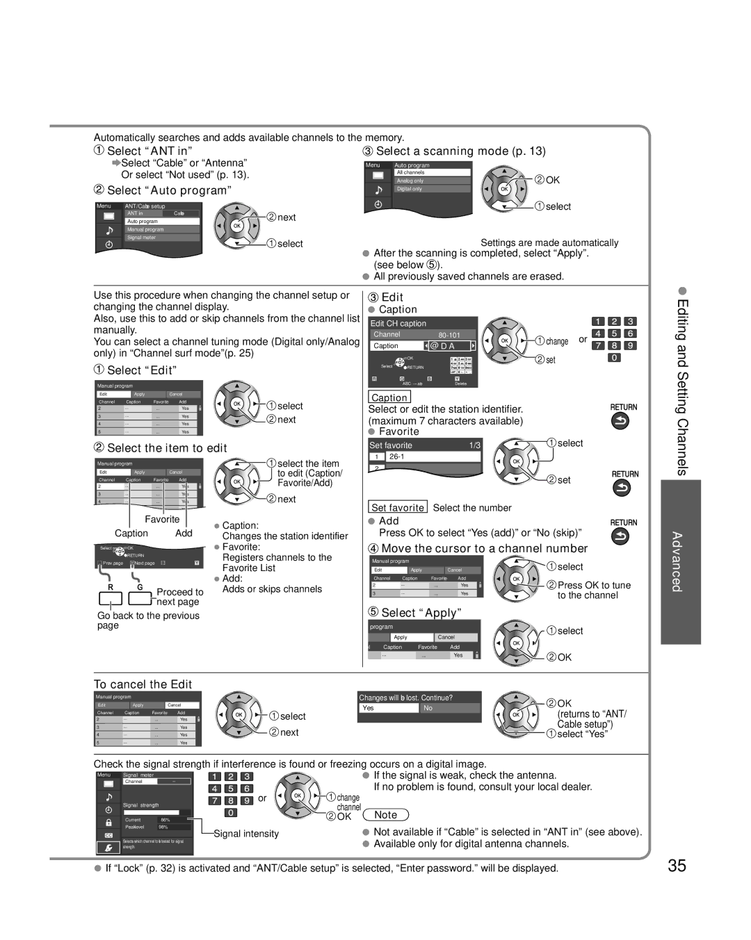 Panasonic TC-L37C22 Select ANT, Select Auto program, Select a scanning mode p, Select Edit, Select the item to edit 