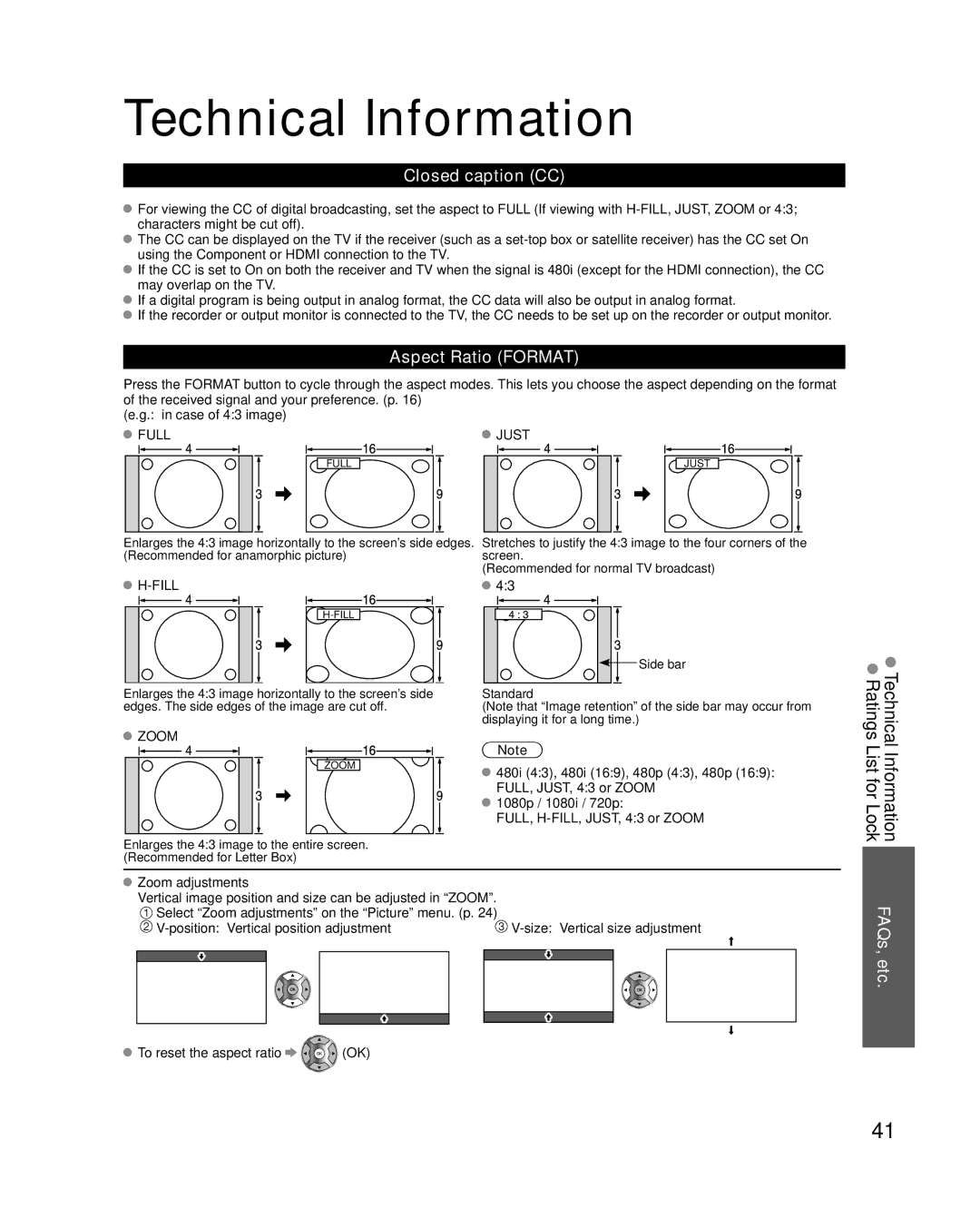 Panasonic TC-L37C22, TC-L32C22 quick start Technical Information, Closed caption CC, Aspect Ratio Format 