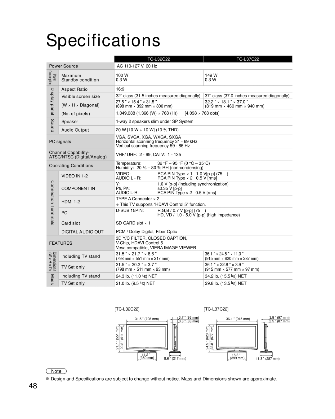 Panasonic TC-L37C22, TC-L32C22 quick start Specifications 