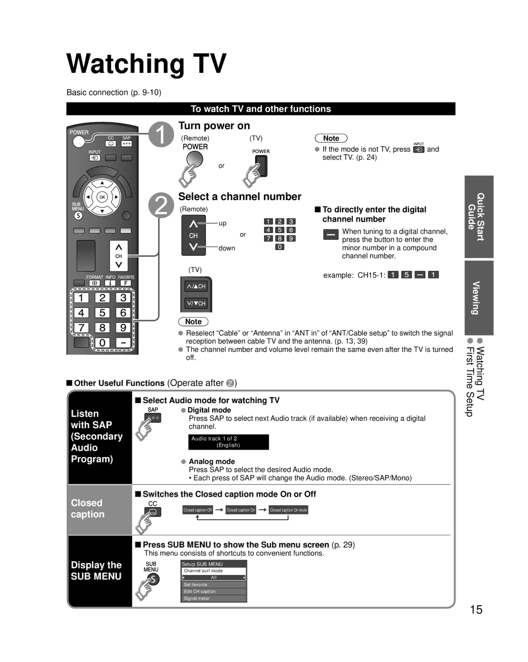 Panasonic TC-L42D2, TC-L37D2 Watching TV, Turn power on, Select a channel number, Listen with SAP Secondary Audio Program 