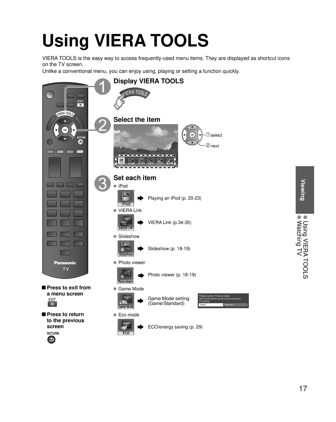 Panasonic TC-L42D2, TC-L37D2 quick start Using Viera Tools, Display Viera Tools Select the item, Set each item 