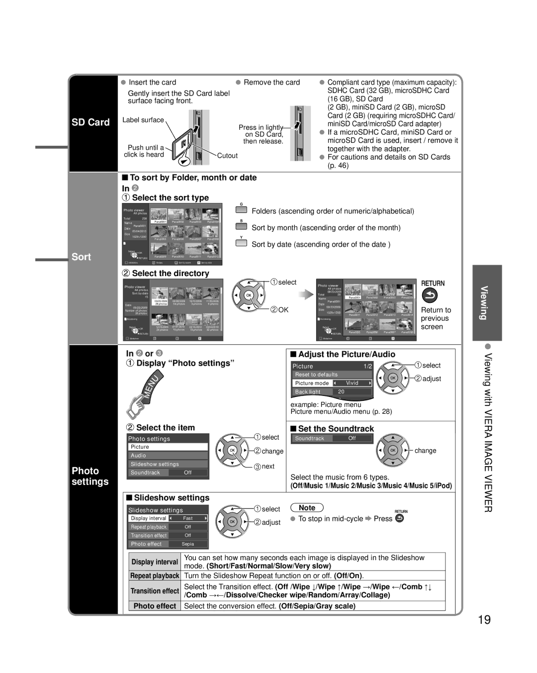 Panasonic TC-L42D2, TC-L37D2 quick start SD Card, Sort, Viewing with Viera Image, Viewing Photo settings 