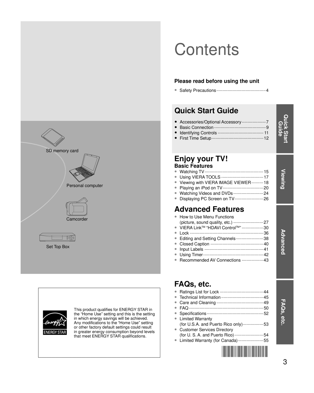 Panasonic TC-L42D2, TC-L37D2 quick start Contents 