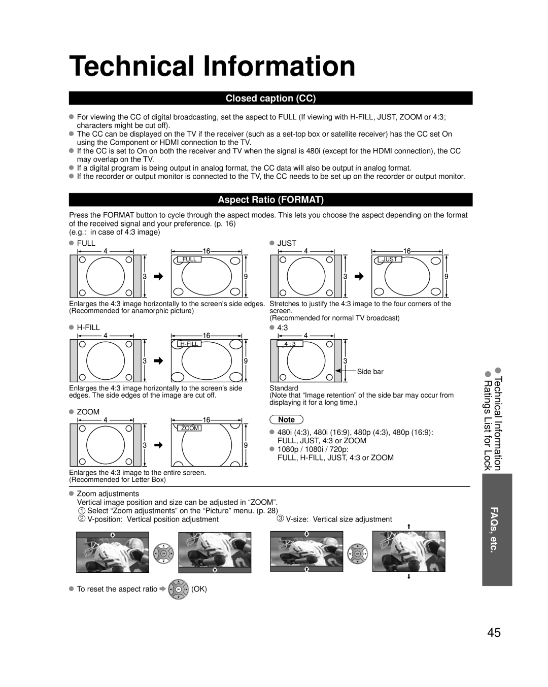 Panasonic TC-L42D2 Technical Information, List forInformationLock FAQs, etc, Closed caption CC, Aspect Ratio Format 