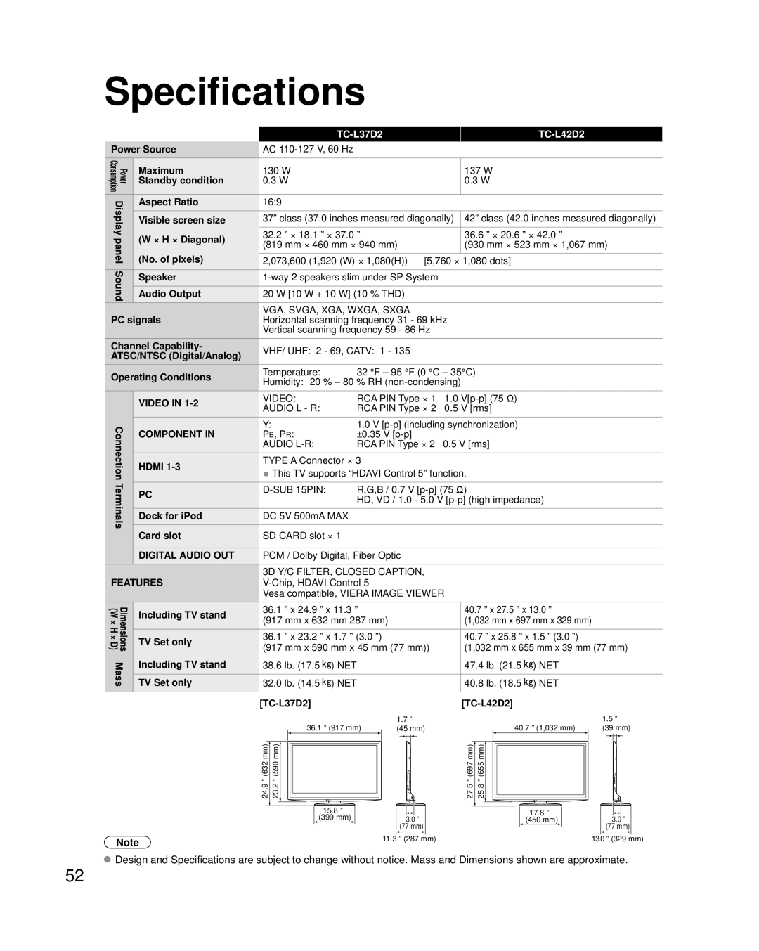 Panasonic TC-L37D2, TC-L42D2 quick start Specifications 