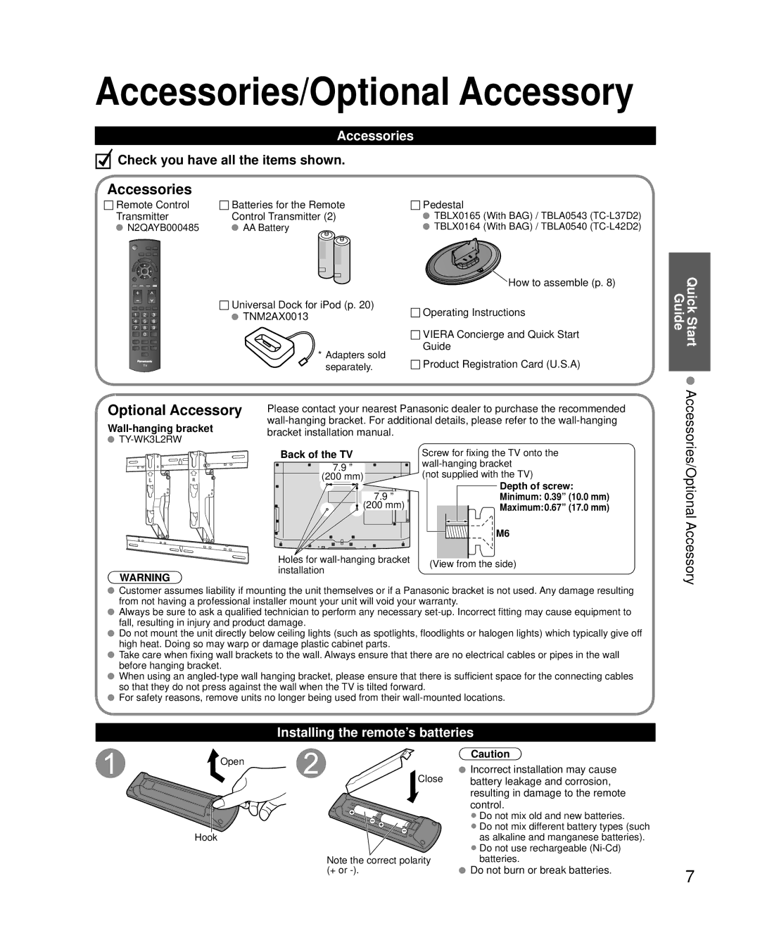 Panasonic TC-L42D2, TC-L37D2 quick start Accessories/Optional Accessory 