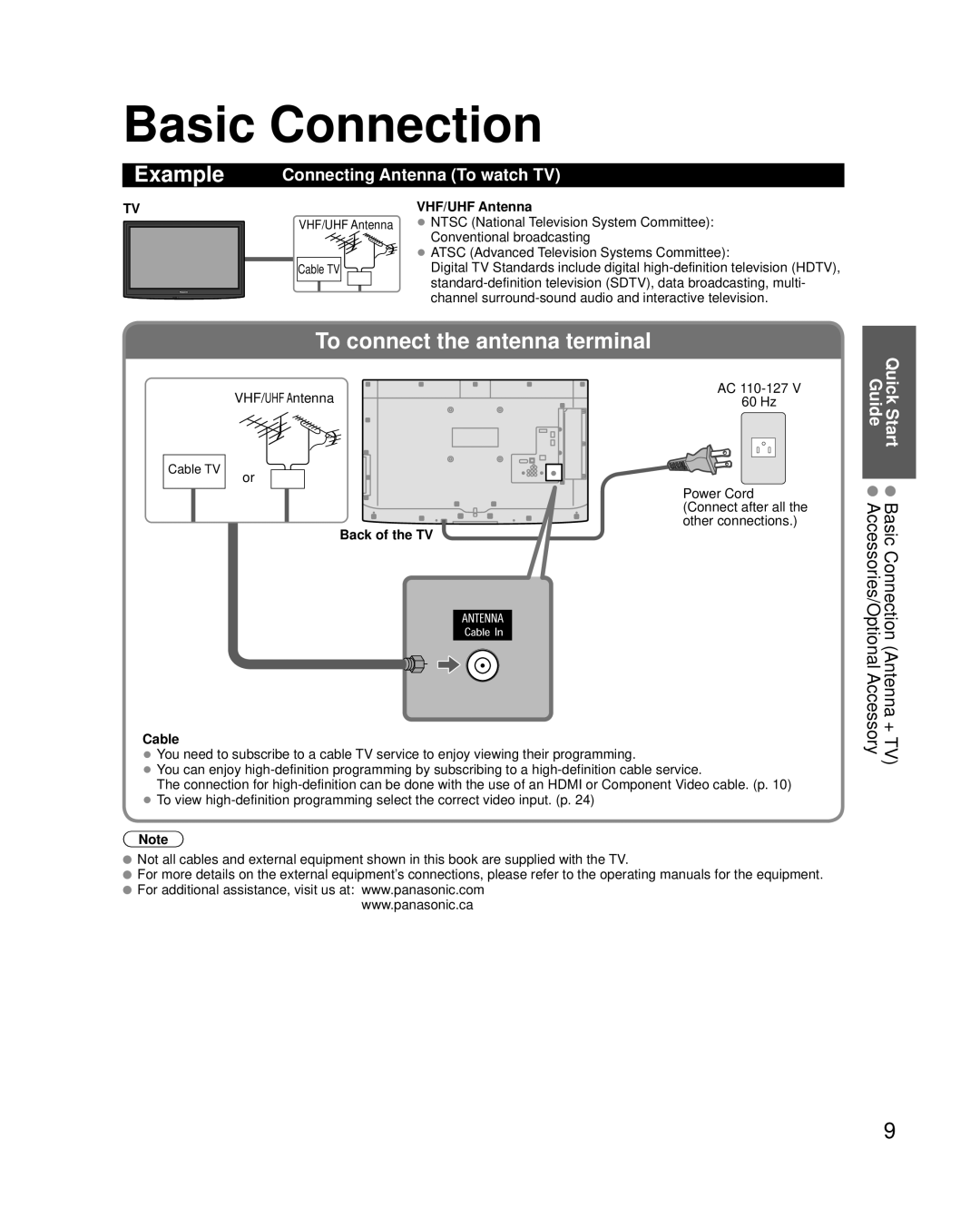 Panasonic TC-L42D2, TC-L37D2 quick start Basic Connection, Connecting Antenna To watch TV, VHF/UHF Antenna, Cable 