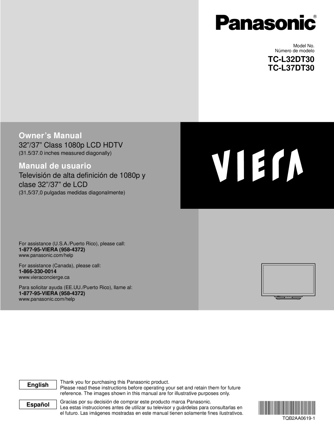 Panasonic TC-L32DT30, TC-L37DT30 owner manual English Español, 31.5/37.0 inches measured diagonally, Viera 