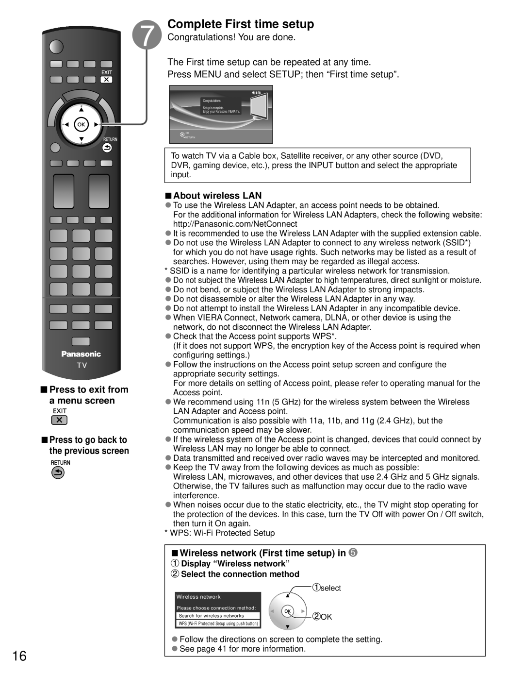 Panasonic TC-L37DT30, TC-L32DT30 Complete First time setup, About wireless LAN, Wireless network First time setup 