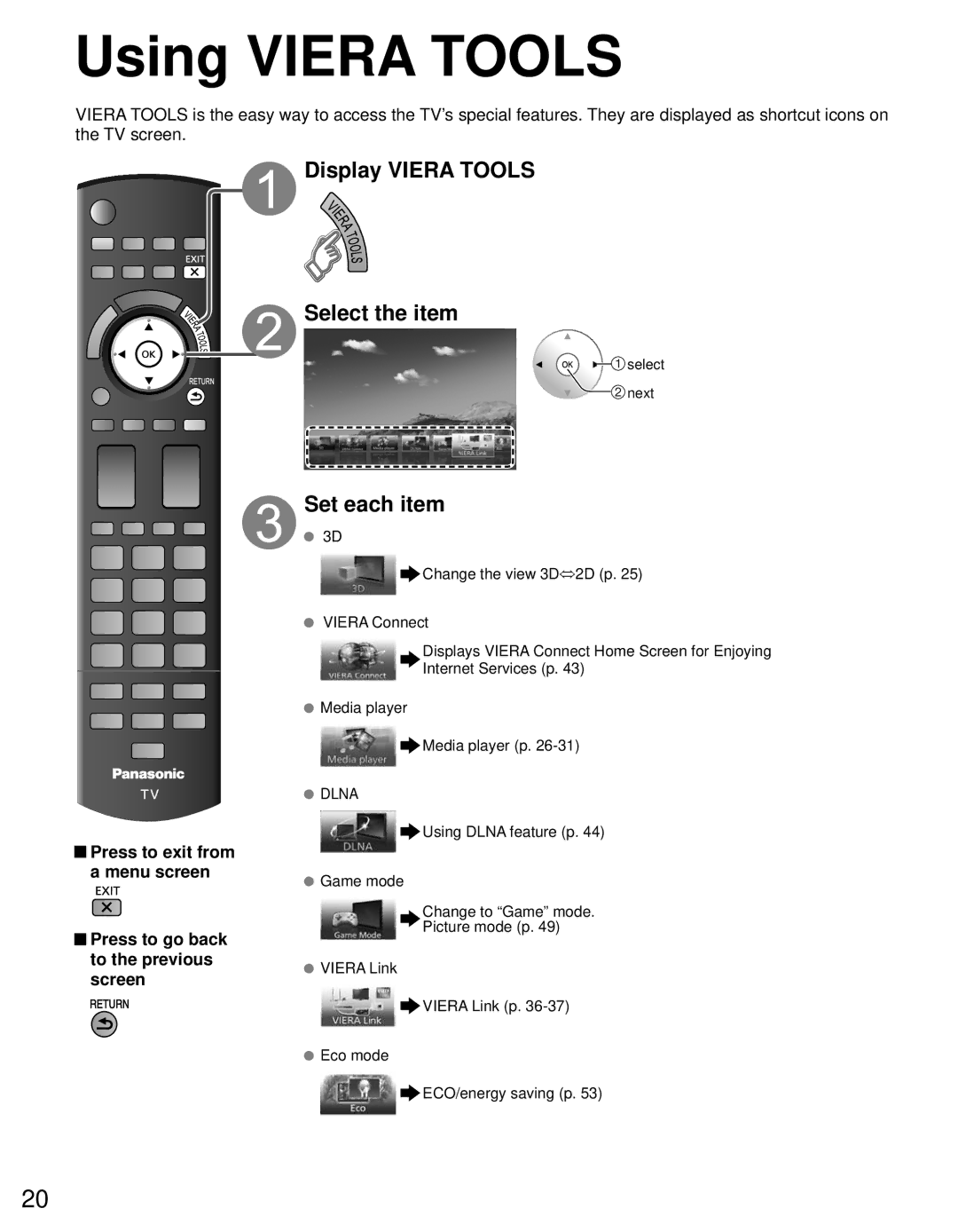 Panasonic TC-L37DT30, TC-L32DT30 owner manual Select the item Set each item, Using Viera Tools 