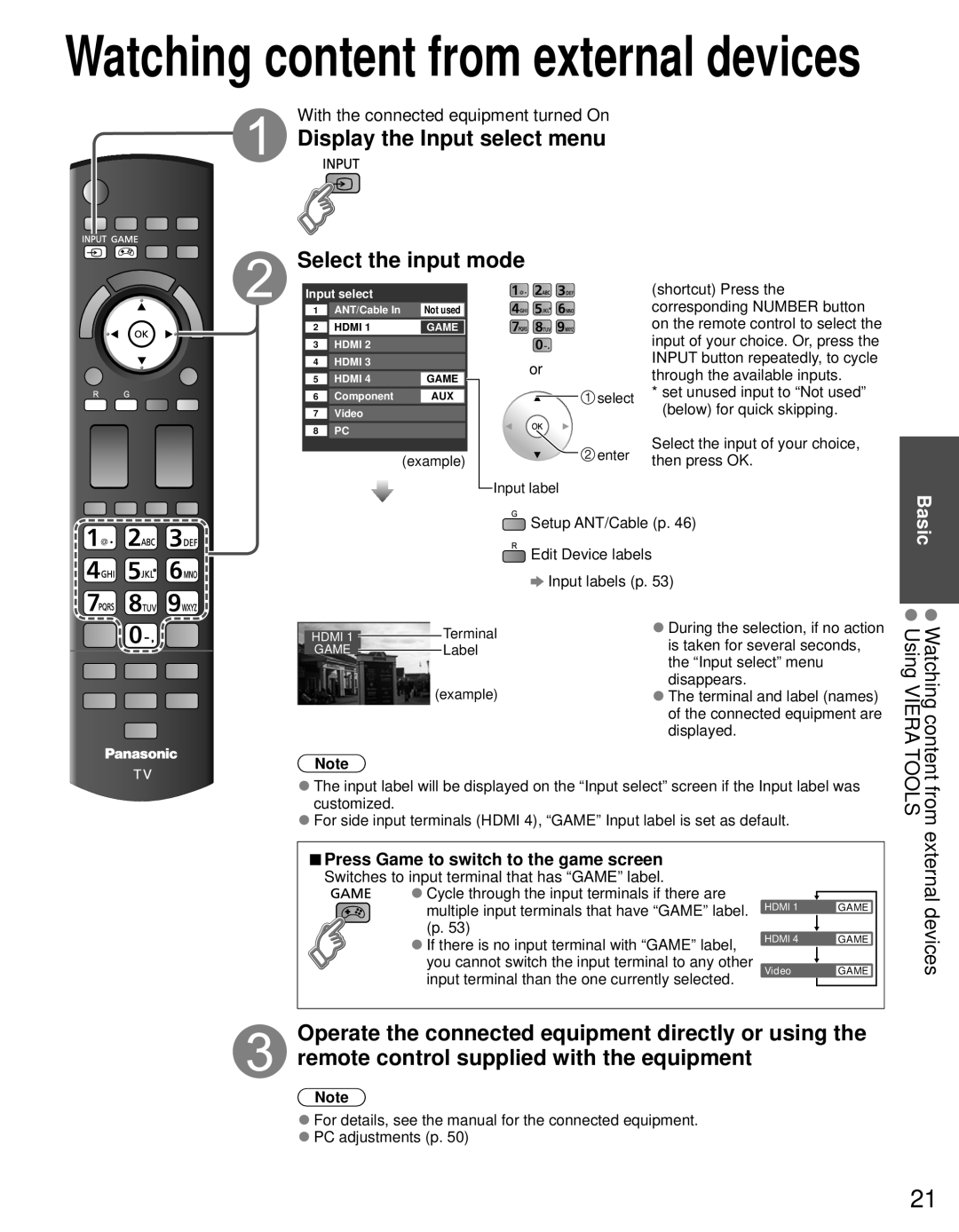 Panasonic TC-L32DT30, TC-L37DT30 owner manual Display the Input select menu Select the input mode, External devices 