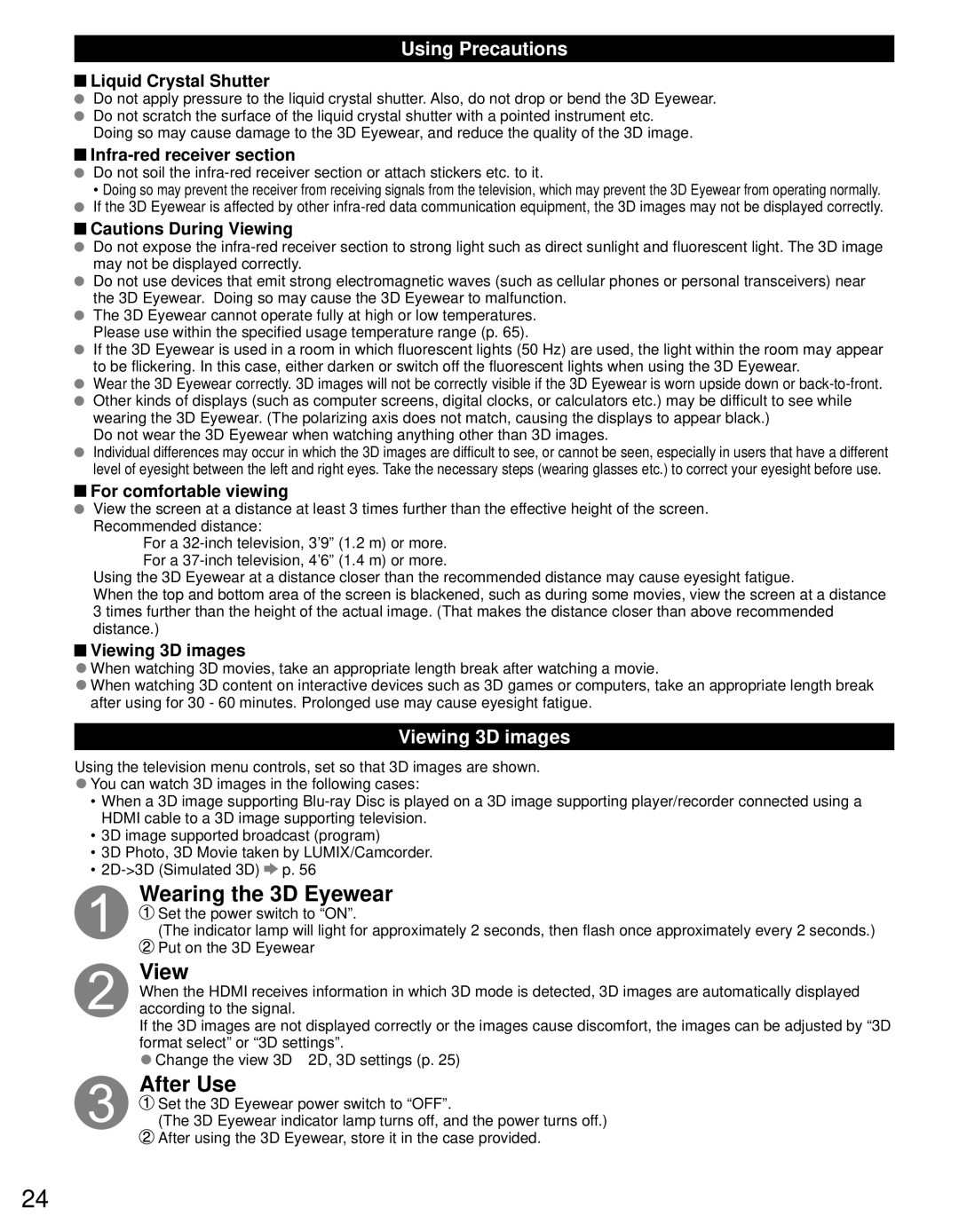 Panasonic TC-L37DT30, TC-L32DT30 owner manual Wearing the 3D Eyewear, After Use, Using Precautions, Viewing 3D images 