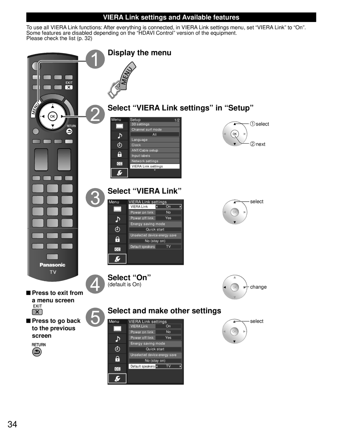 Panasonic TC-L37DT30, TC-L32DT30 owner manual Select On, Default is On, Next Select 