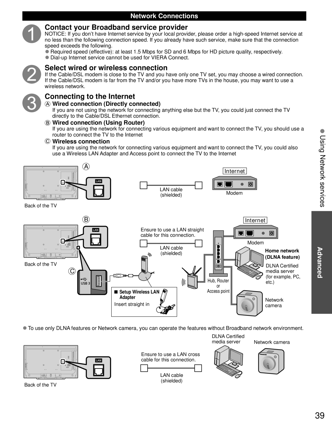 Panasonic TC-L32DT30 Contact your Broadband service provider, Select wired or wireless connection, Using Network services 