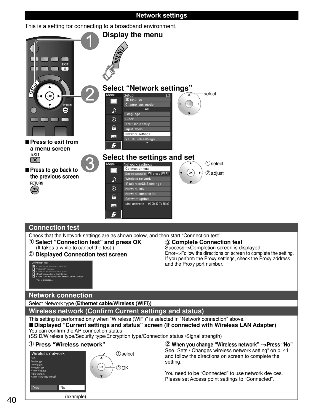 Panasonic TC-L37DT30, TC-L32DT30 Display the menu Select Network settings, Select the settings and set, Connection test 