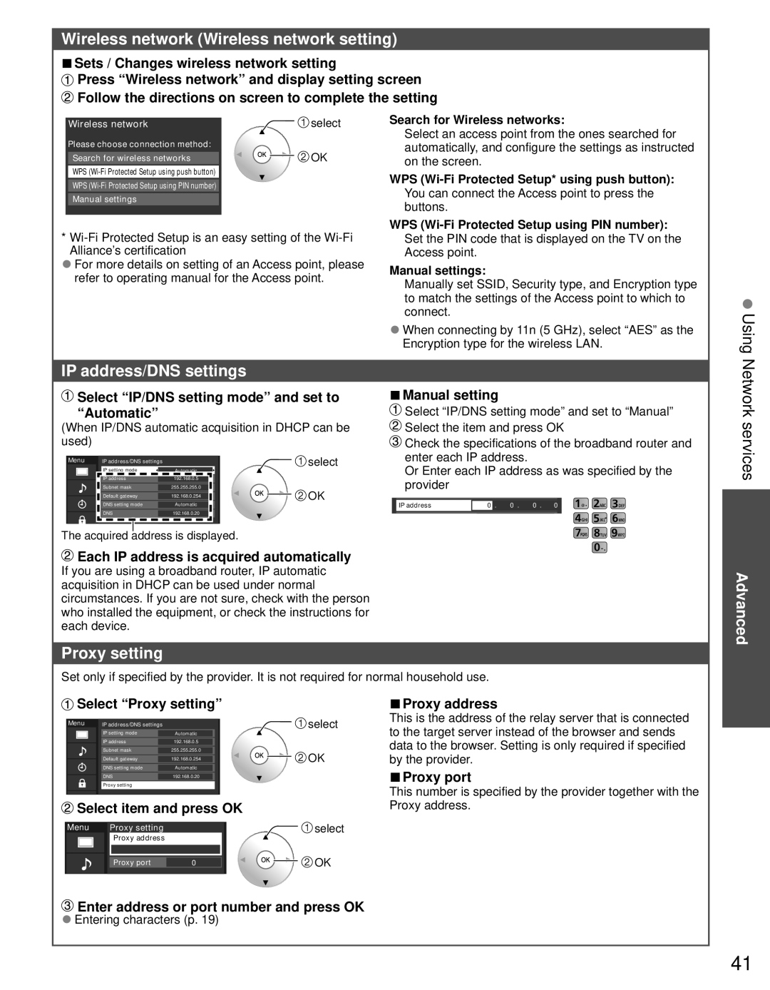 Panasonic TC-L32DT30, TC-L37DT30 Wireless network Wireless network setting, IP address/DNS settings, Proxy setting 