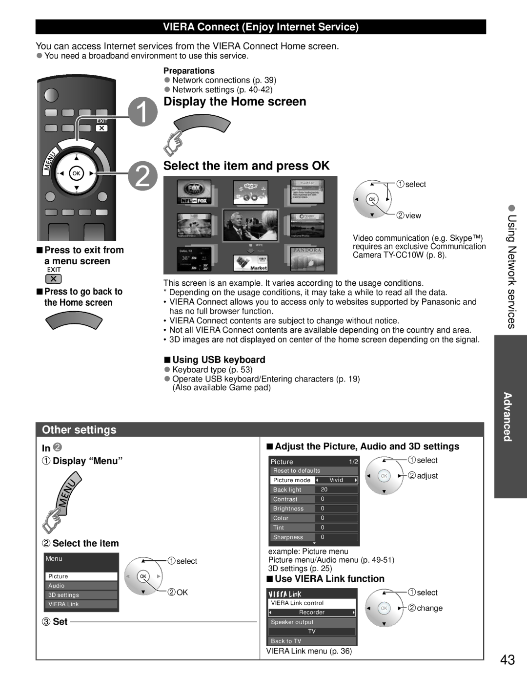 Panasonic TC-L32DT30, TC-L37DT30 Display the Home screen, Select the item and press OK, Services, Other settings 