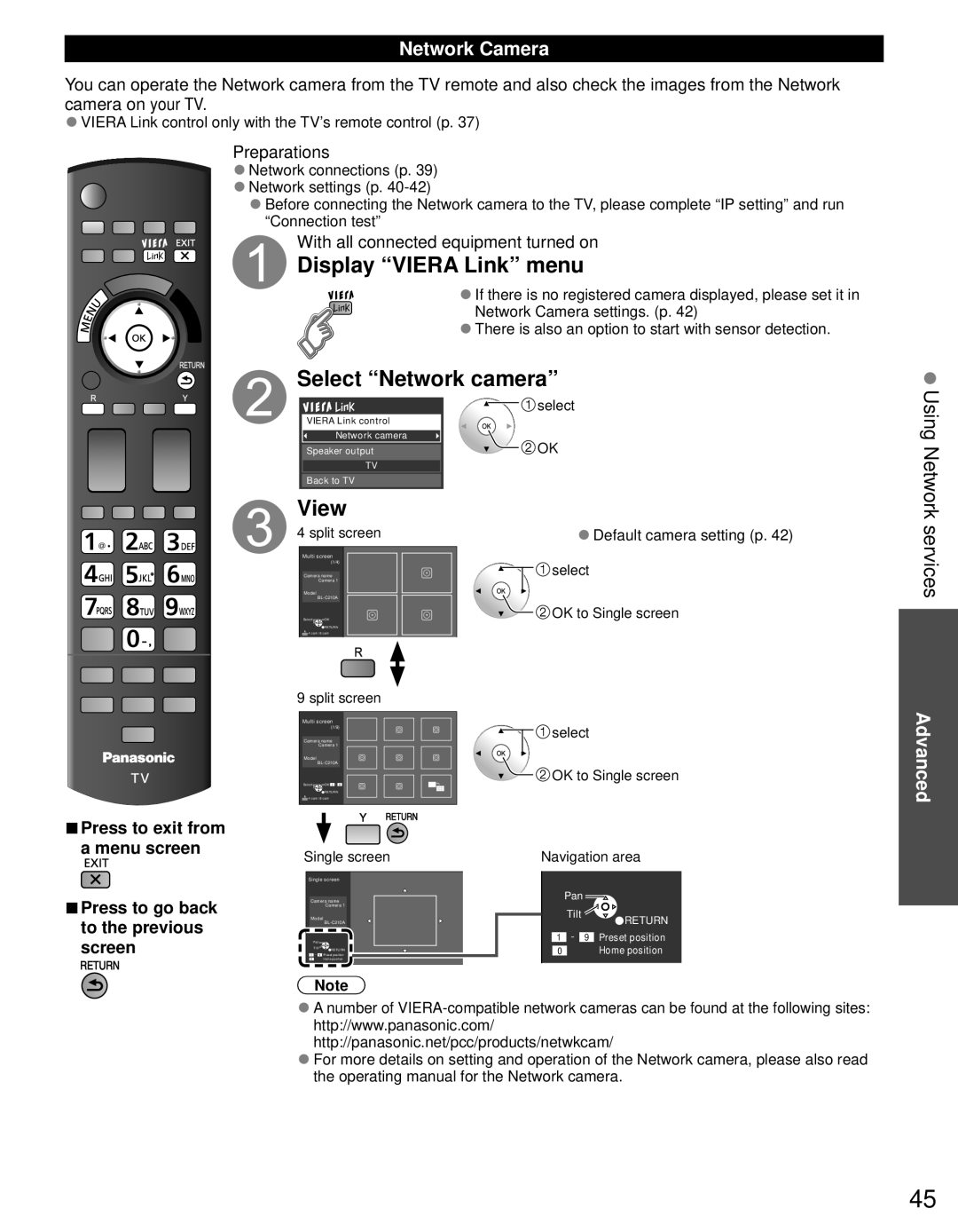 Panasonic TC-L32DT30, TC-L37DT30 Display Viera Link menu, Select Network camera, Network Camera, Default camera setting p 