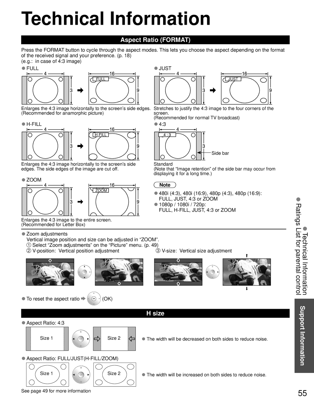 Panasonic TC-L32DT30, TC-L37DT30 Technical Information, Aspect Ratio Format, Size, Aspect Ratio FULL/JUSTH-FILL/ZOOM 