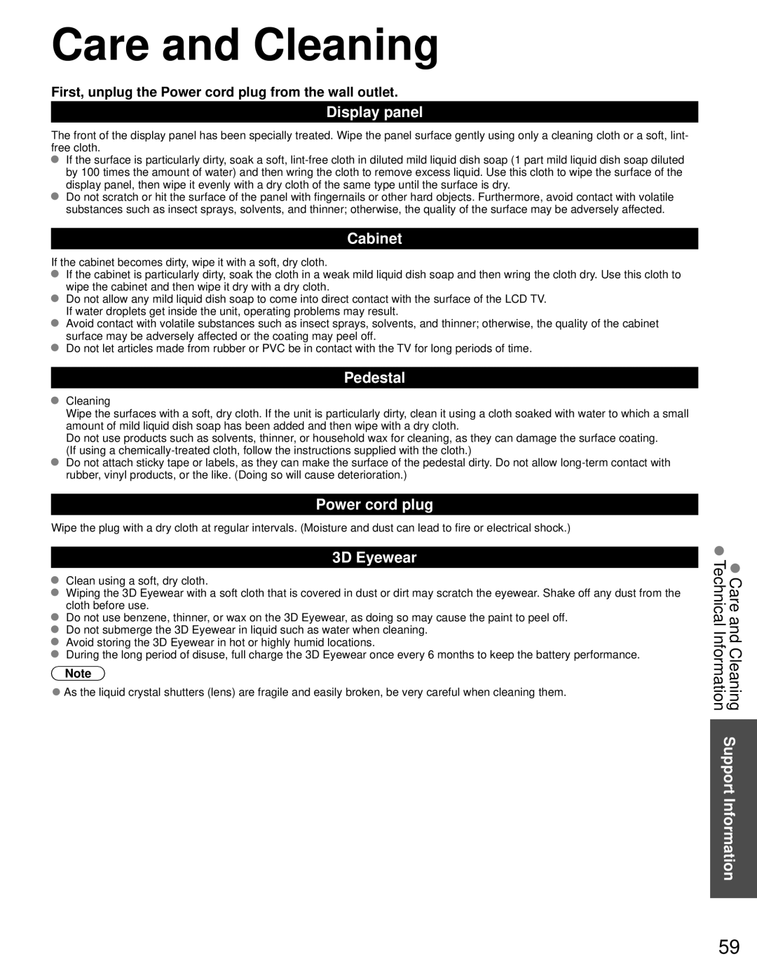 Panasonic TC-L32DT30, TC-L37DT30 owner manual Care and Cleaning 