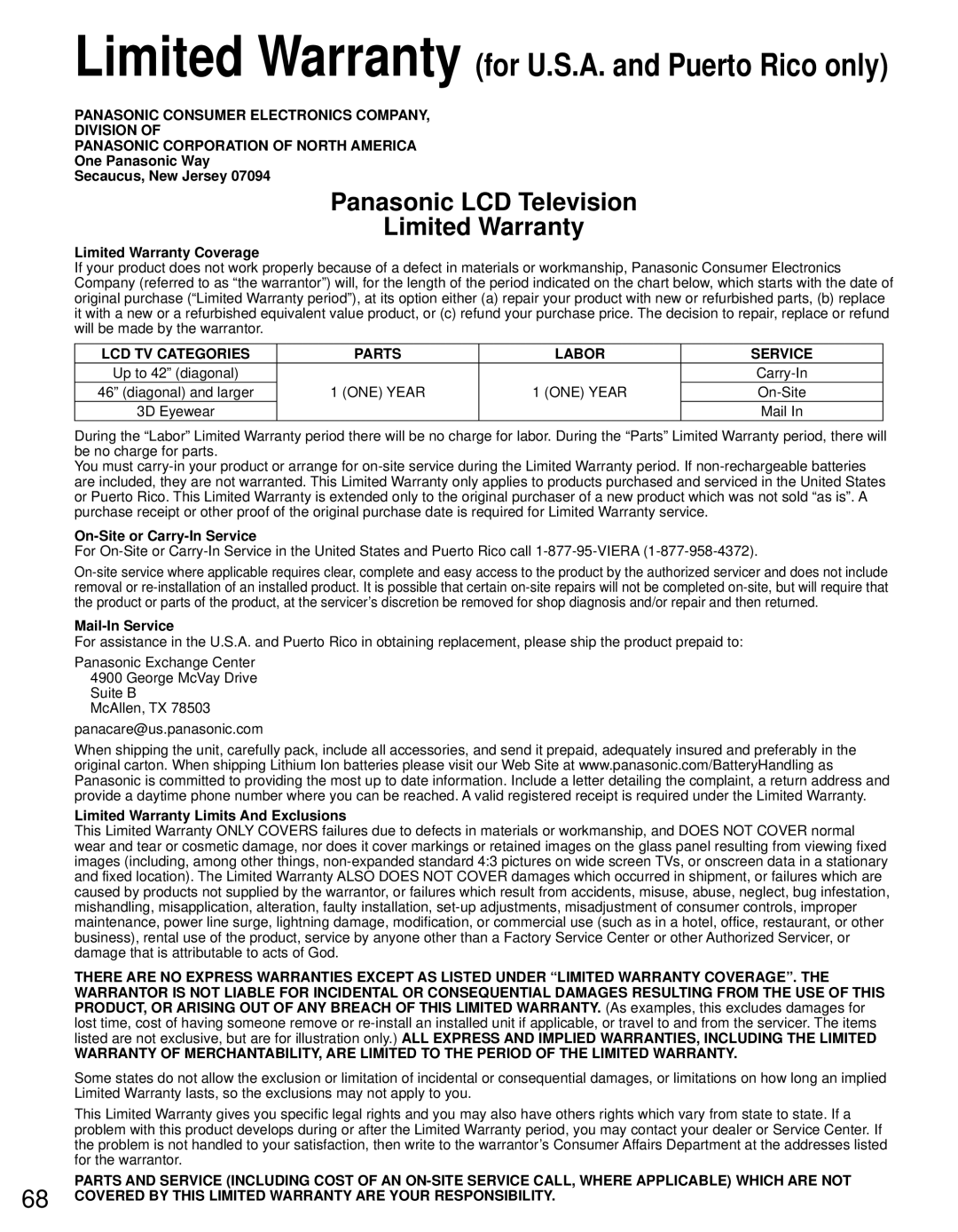 Panasonic TC-L37DT30 One Panasonic Way Secaucus, New Jersey, Limited Warranty Coverage, On-Site or Carry-In Service 