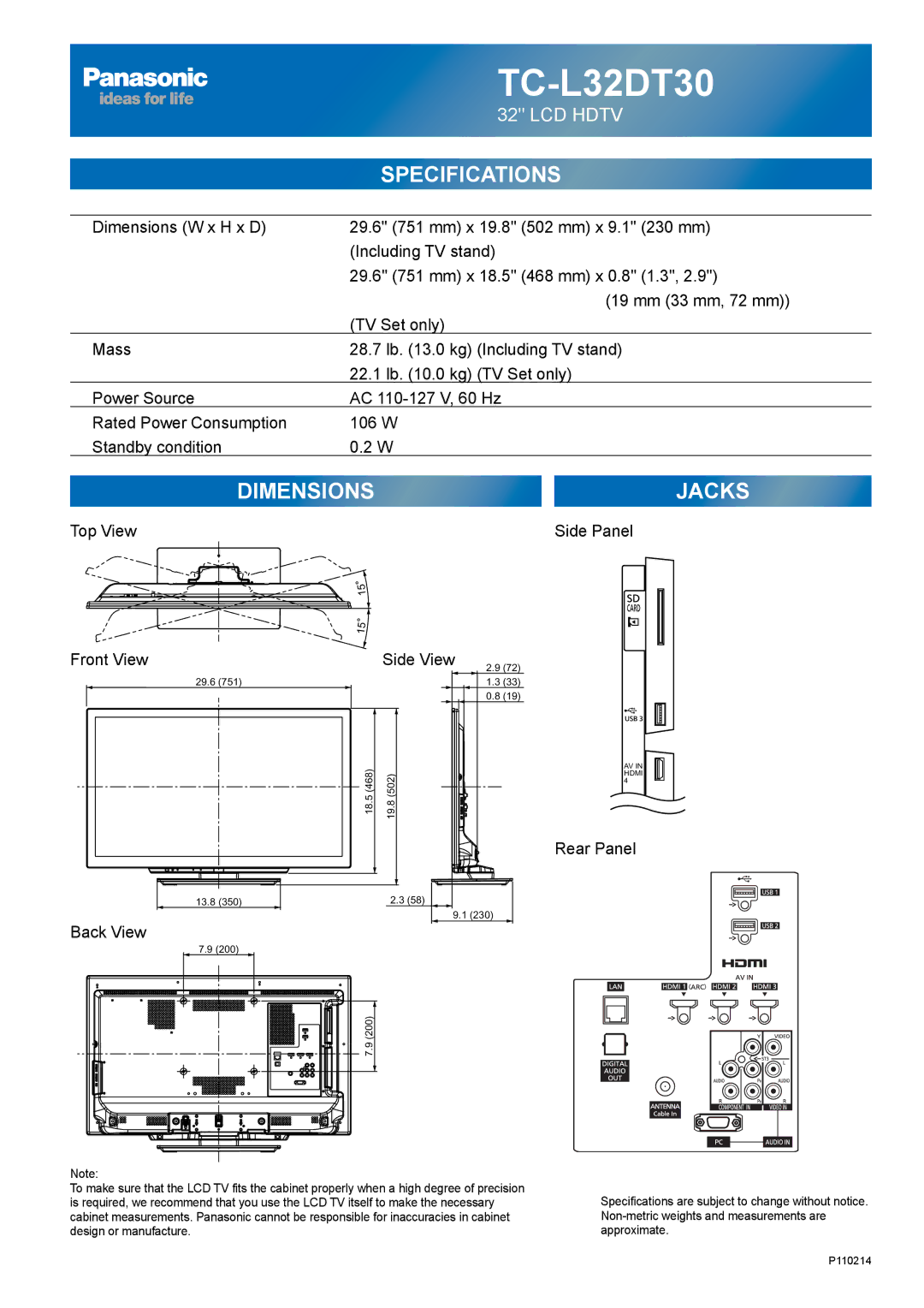 Panasonic TC-L32DT30, TC-L37DT30 owner manual Top View Side Panel Front View Side View, Rear Panel, Back View 