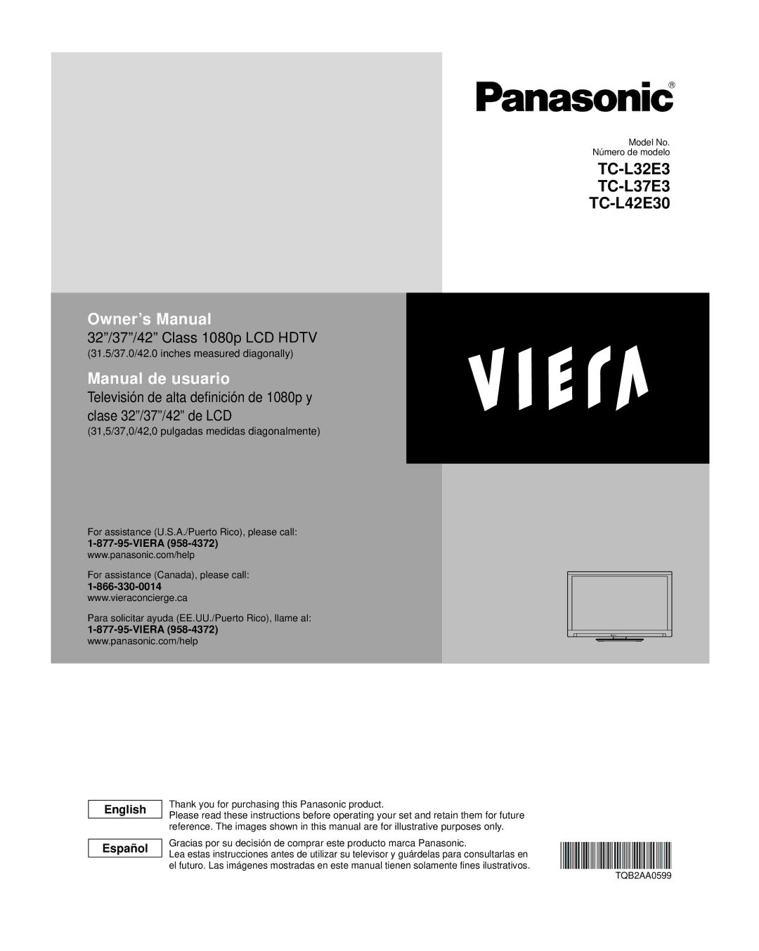 Panasonic TC-L32E3, TC-L37E3, TC-L42E30 owner manual English Español, 31.5/37.0/42.0 inches measured diagonally, Viera 