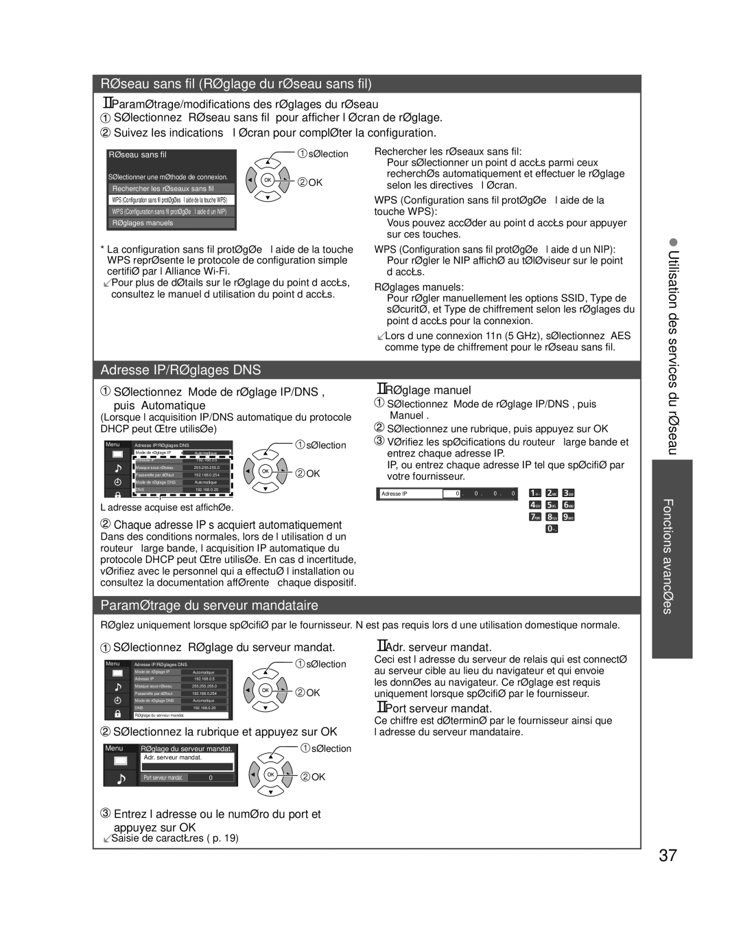 Panasonic TC-L42E30 Réseau sans fil Réglage du réseau sans fil, Utilisation des, Adresse IP/Réglages DNS, Du réseau 