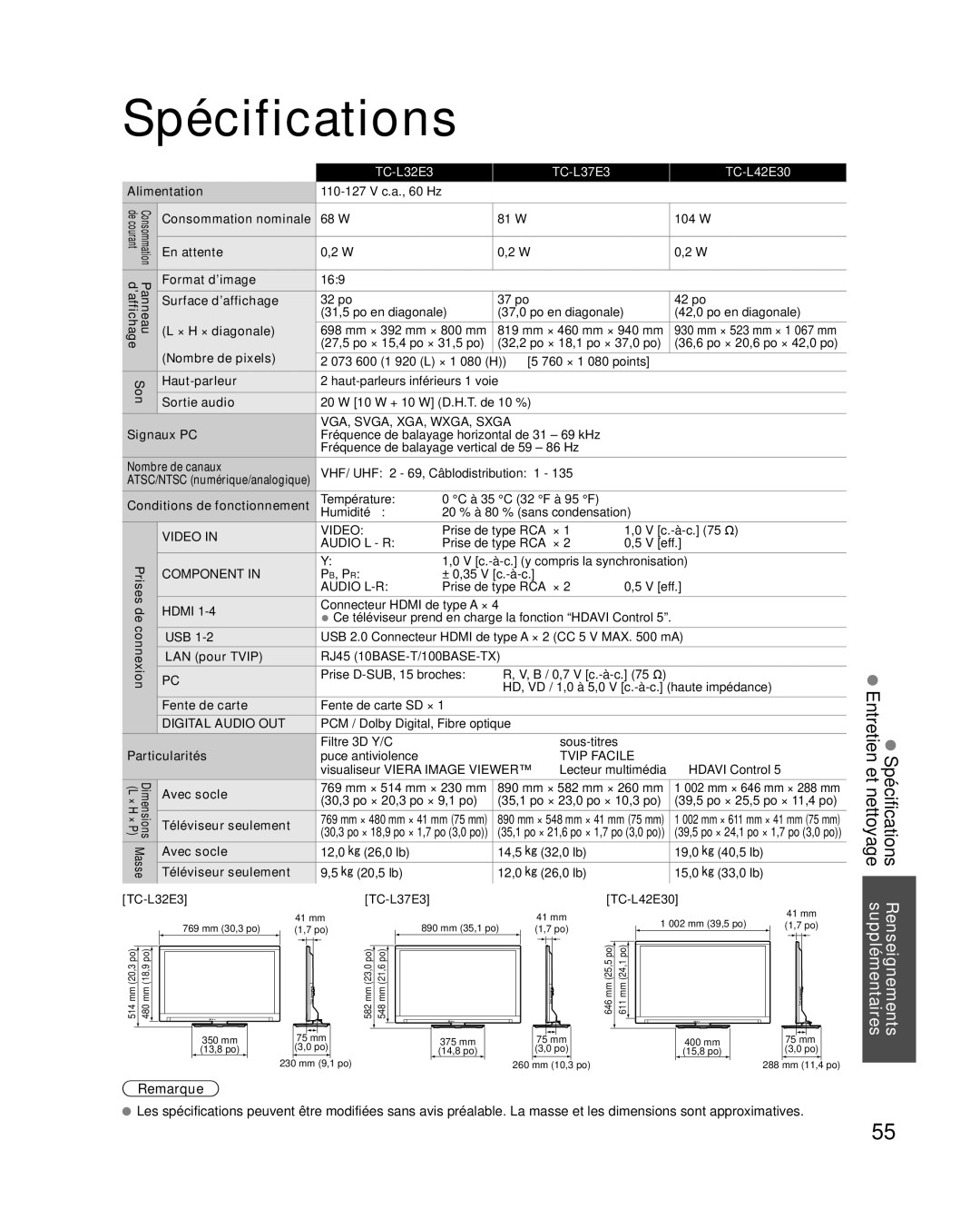 Panasonic TC-L42E30, TC-L37E3, TC-L32E3 owner manual Spécifications 