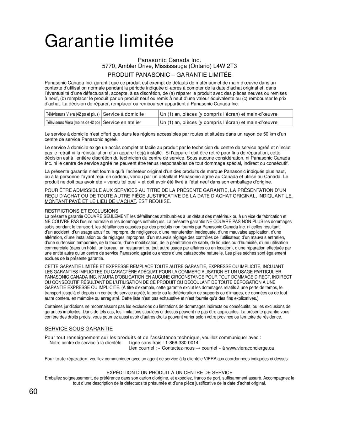 Panasonic TC-L32E3, TC-L37E3, TC-L42E30 owner manual Garantie limitée, Produit Panasonic Garantie Limitée 