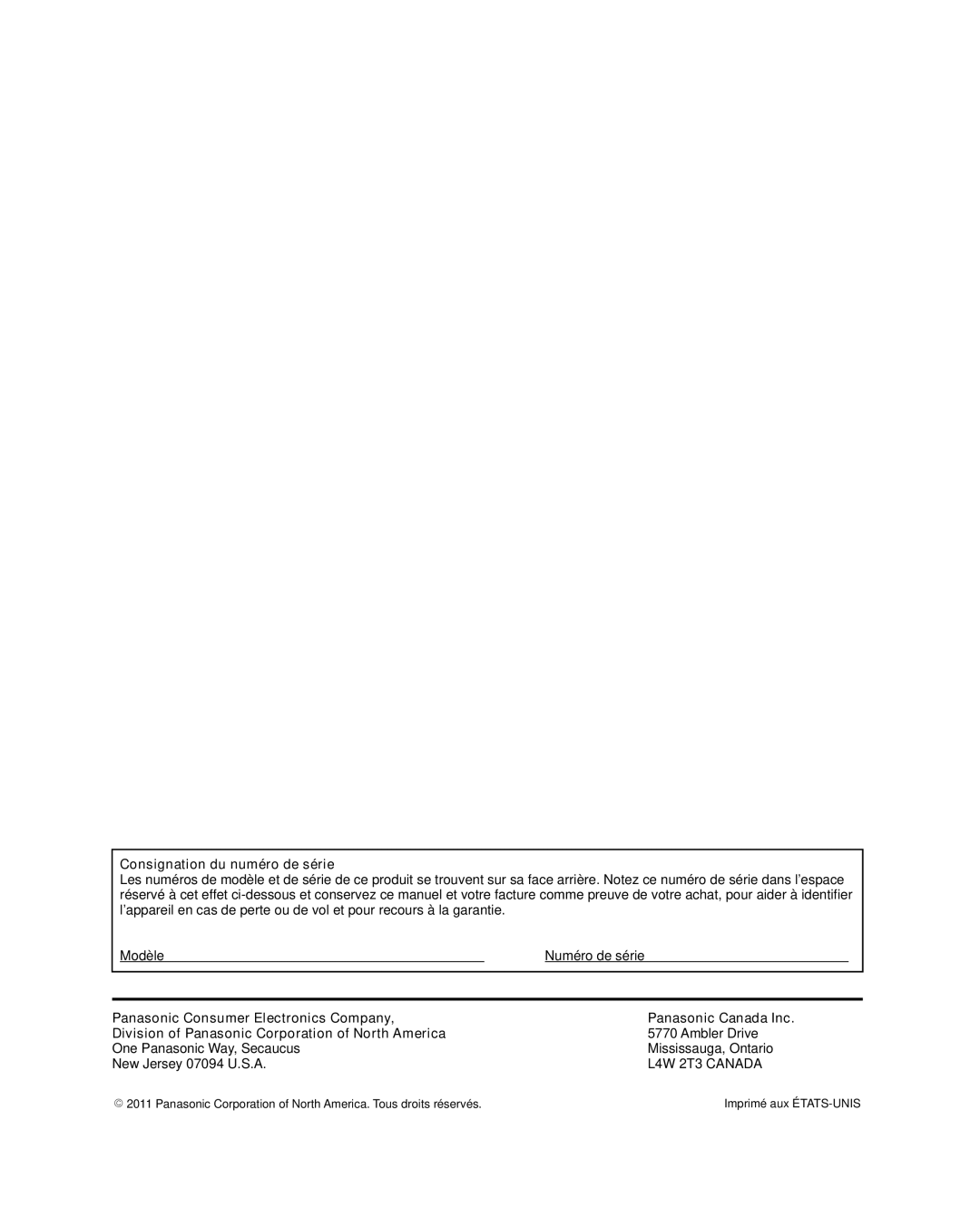 Panasonic TC-L37E3, TC-L32E3, TC-L42E30 owner manual Consignation du numéro de série, Ambler Drive 