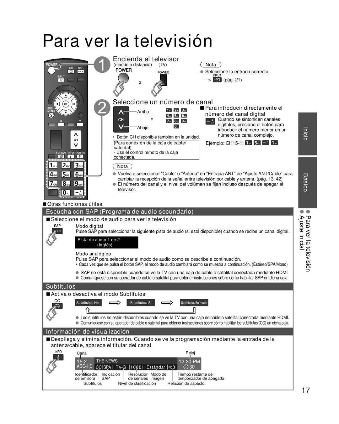 Panasonic TC-L42E30, TC-L37E3, TC-L32E3 Para ver la televisión, Encienda el televisor, Seleccione un número de canal 