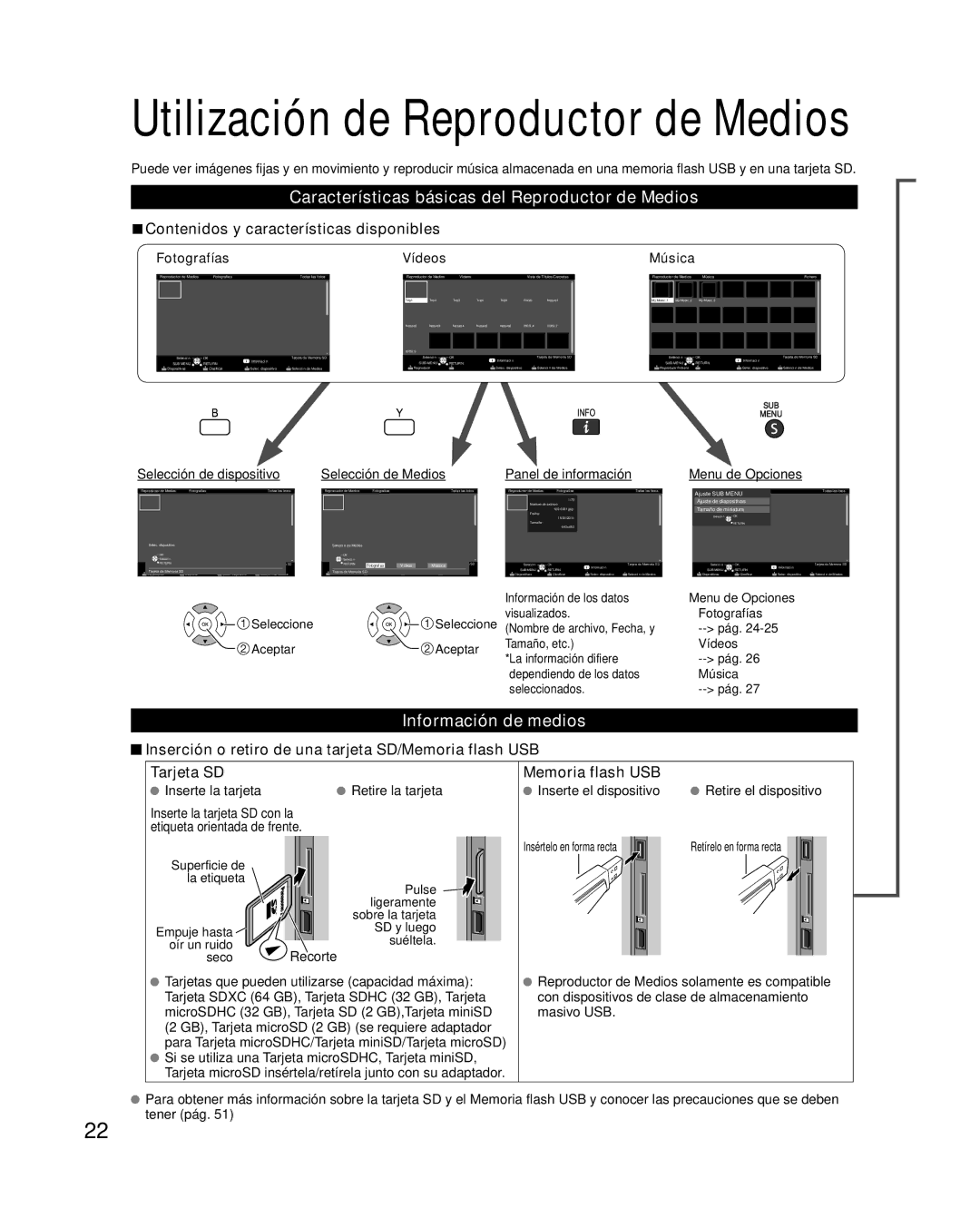 Panasonic TC-L32E3, TC-L37E3 Características básicas del Reproductor de Medios, Información de medios, Memoria flash USB 