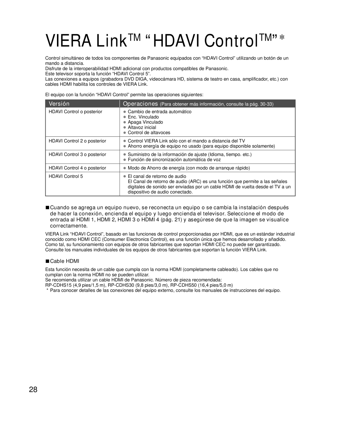 Panasonic TC-L32E3, TC-L37E3, TC-L42E30 owner manual Viera LinkTM Hdavi ControlTM, Versión, Cable Hdmi 