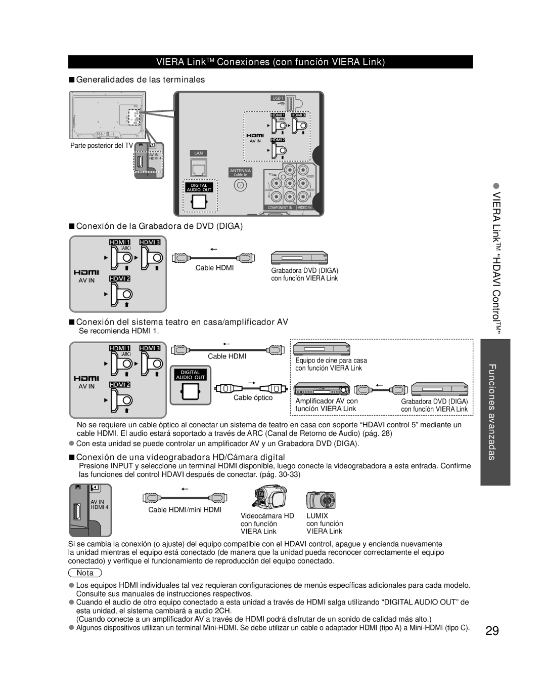 Panasonic TC-L42E30 Viera LinkTM Hdavi ControlTM Funciones avanzadas, Viera LinkTM Conexiones con funcíón Viera Link 