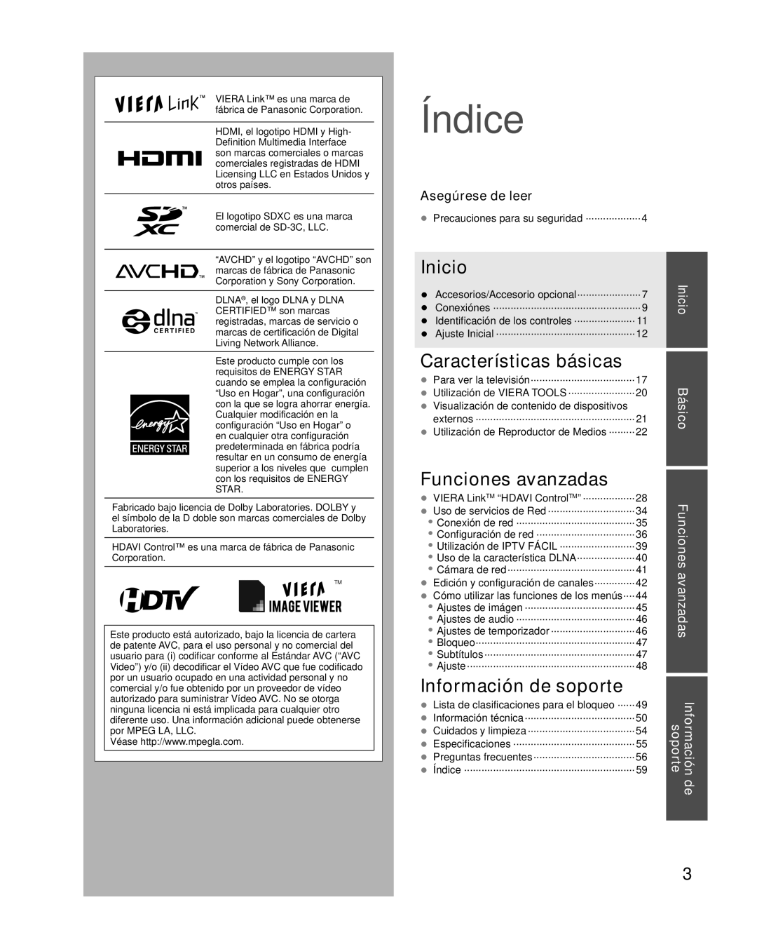 Panasonic TC-L37E3, TC-L32E3, TC-L42E30 owner manual Información soporte, Precauciones para su seguridad ···················4 