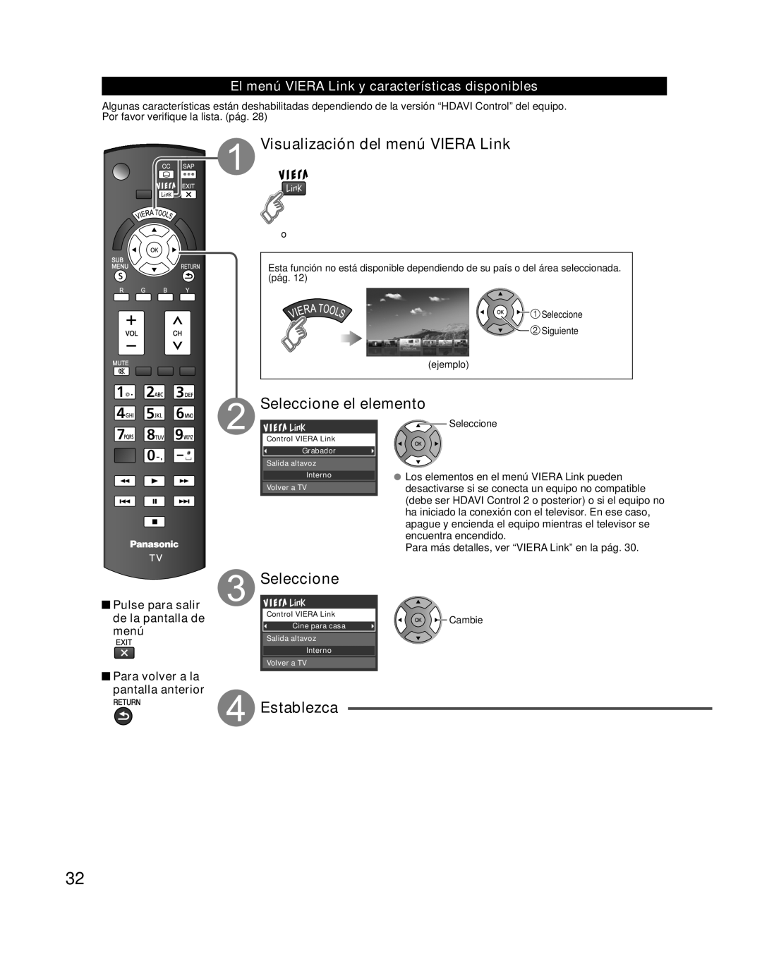 Panasonic TC-L42E30, TC-L37E3, TC-L32E3 owner manual Visualización del menú Viera Link, Seleccione, Establezca 