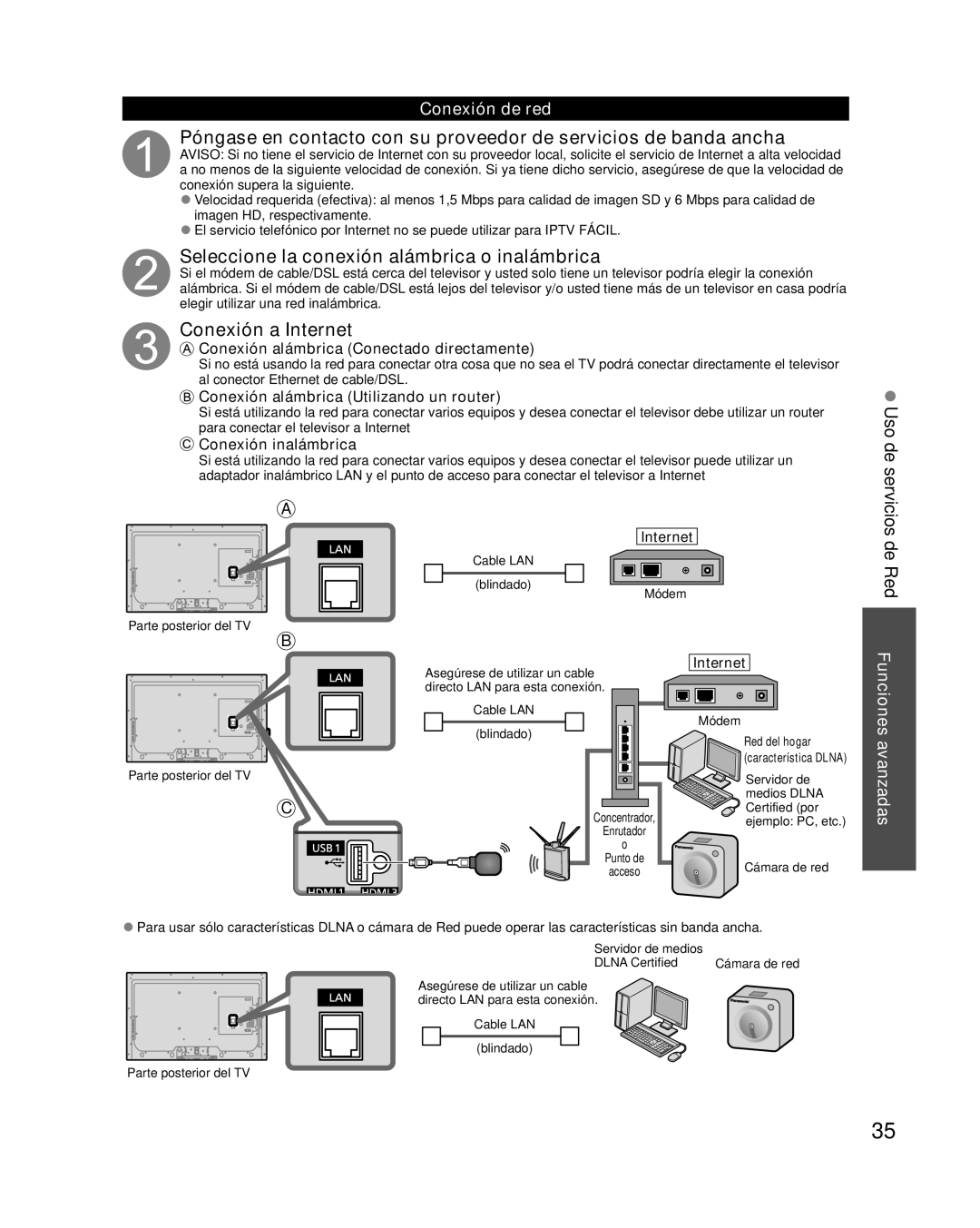 Panasonic TC-L42E30, TC-L37E3 Seleccione la conexión alámbrica o inalámbrica, Conexión a Internet, Uso de servicios de Red 