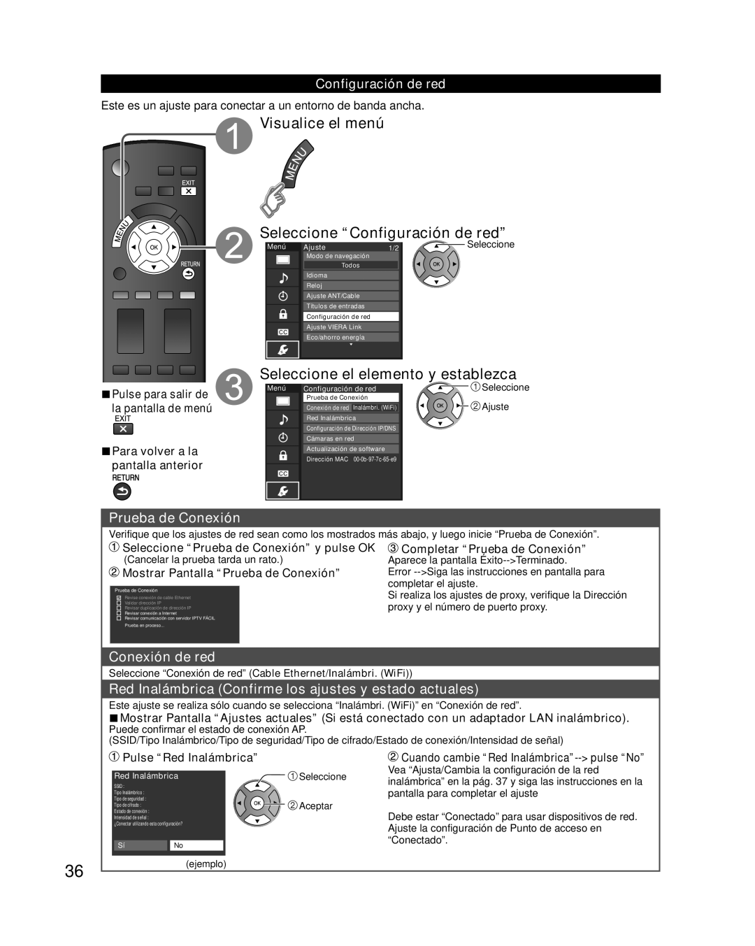 Panasonic TC-L37E3 Visualice el menú Seleccione Configuración de red, Seleccione el elemento y establezca, Conexión de red 