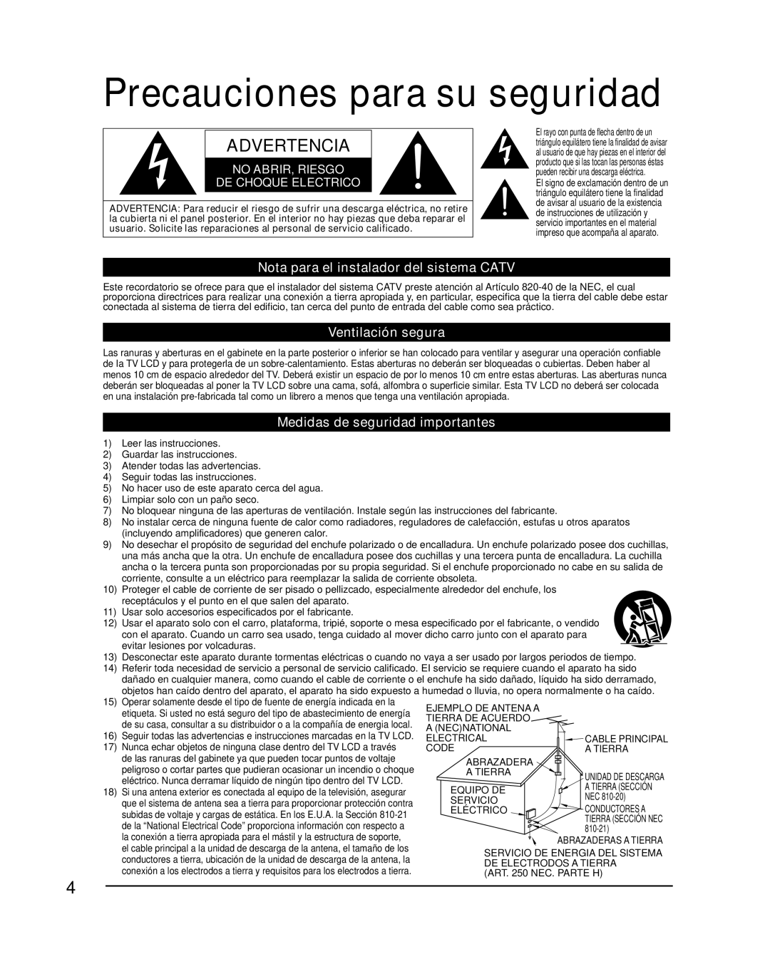 Panasonic TC-L32E3, TC-L37E3 Precauciones para su seguridad, Nota para el instalador del sistema Catv, Ventilación segura 