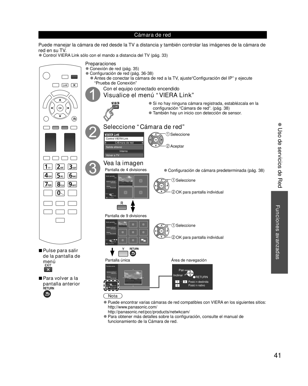 Panasonic TC-L42E30 Visualice el menú Viera Link, Seleccione Cámara de red, Vea la imagen, De Red Funciones avanzadas 