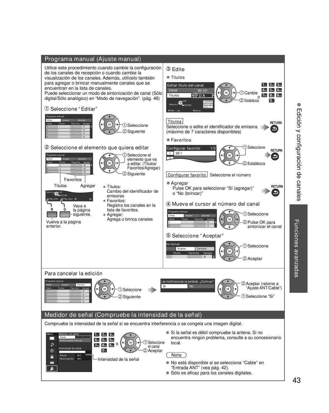 Panasonic TC-L32E3 Programa manual Ajuste manual, Edición y, Medidor de señal Compruebe la intensidad de la señal 