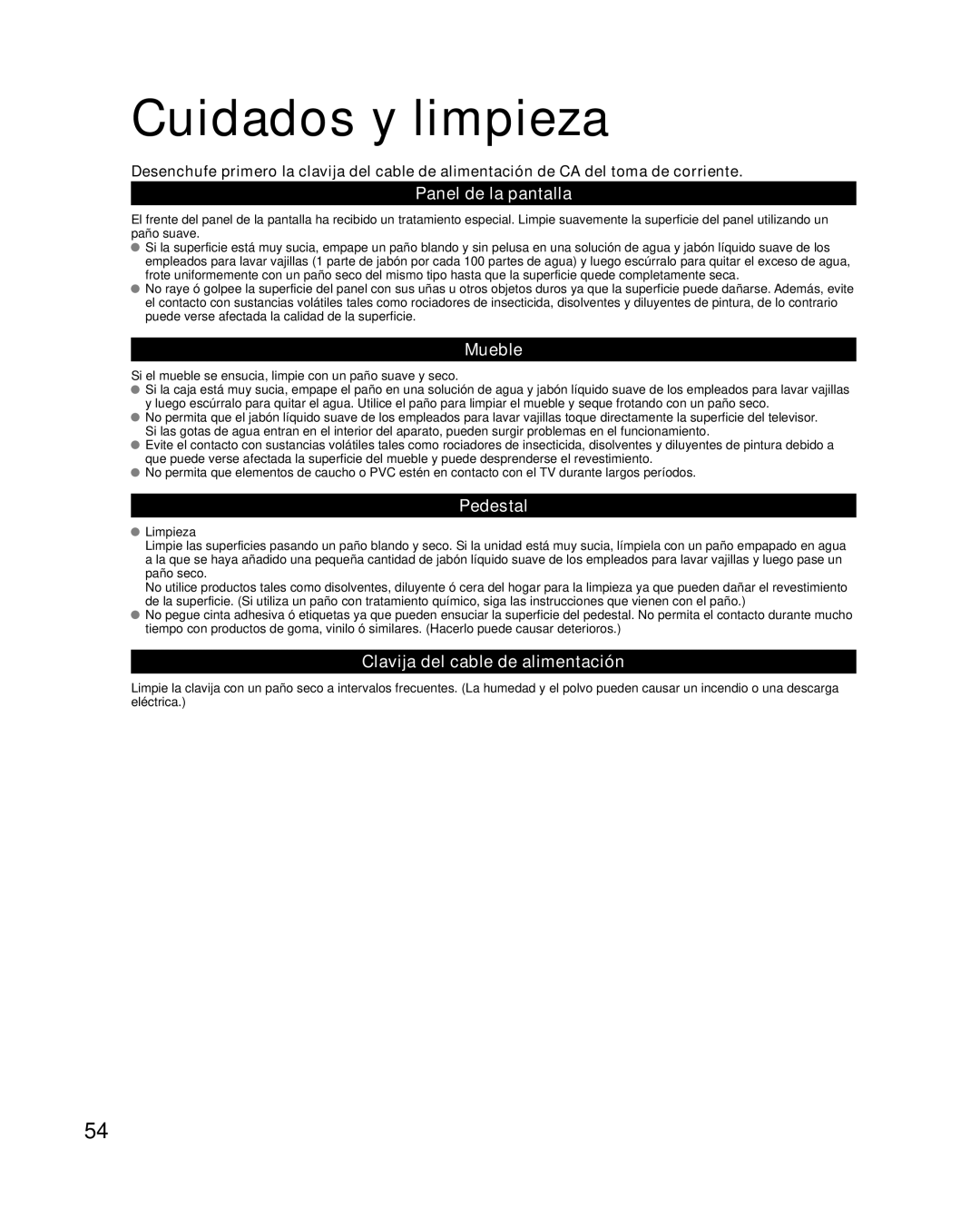 Panasonic TC-L37E3 Cuidados y limpieza, Panel de la pantalla, Mueble, Pedestal, Clavija del cable de alimentación 