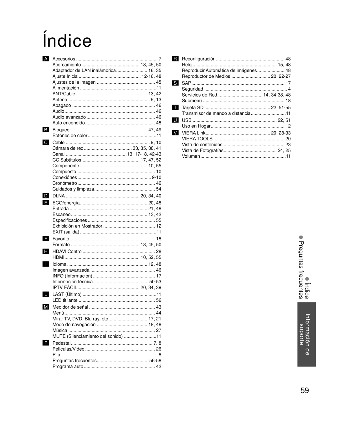 Panasonic TC-L42E30, TC-L37E3, TC-L32E3 owner manual Índice Información de Preguntas frecuentes soporte 