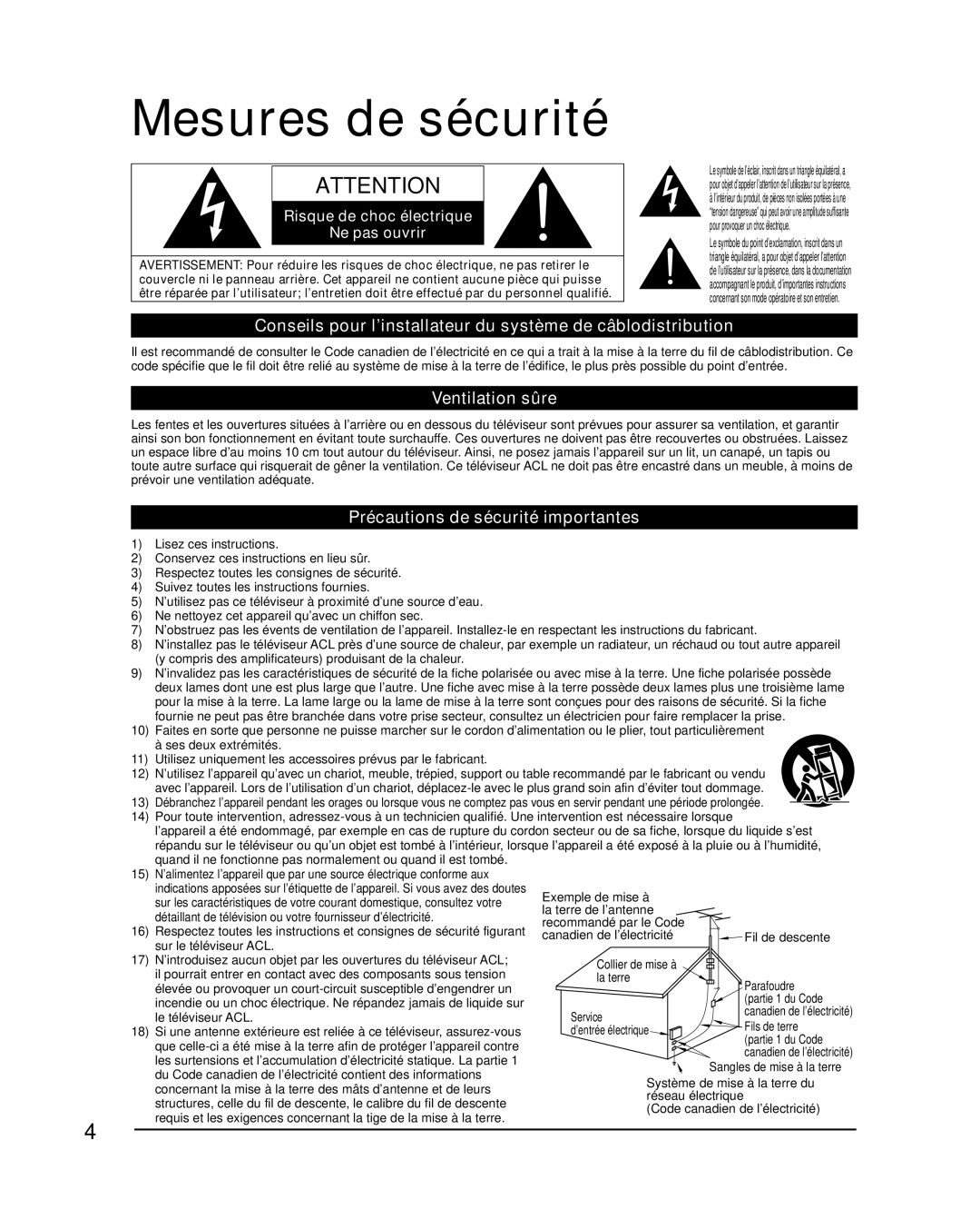 Panasonic TC-L42E30, TC-L37E3, TC-L32E3 Mesures de sécurité, Ventilation sûre, Précautions de sécurité importantes 