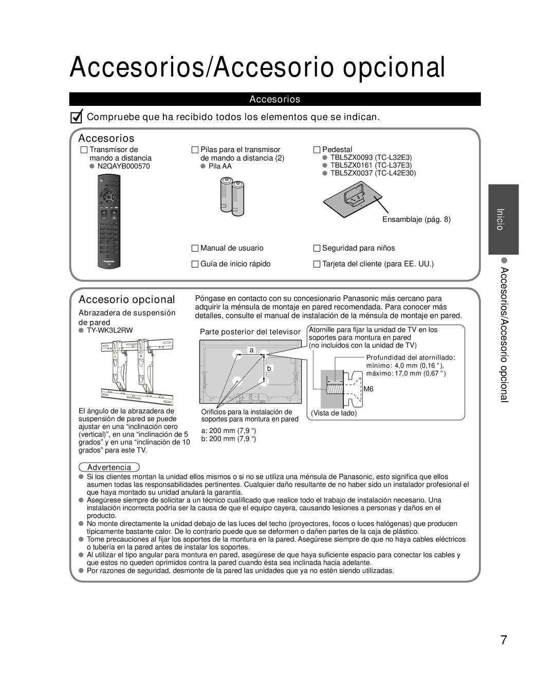 Panasonic TC-L32E3, TC-L37E3, TC-L42E30 owner manual Accesorios/Accesorio opcional 