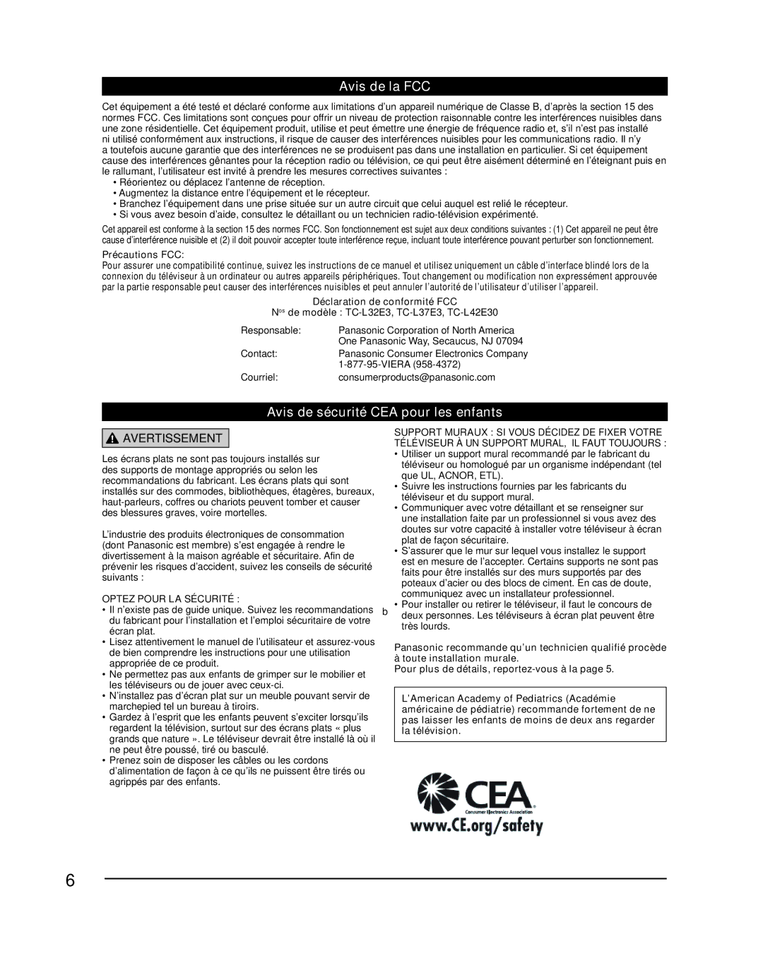 Panasonic TC-L32E3, TC-L37E3, TC-L42E30 Avis de la FCC, Avis de sécurité CEA pour les enfants, Précautions FCC, Contact 